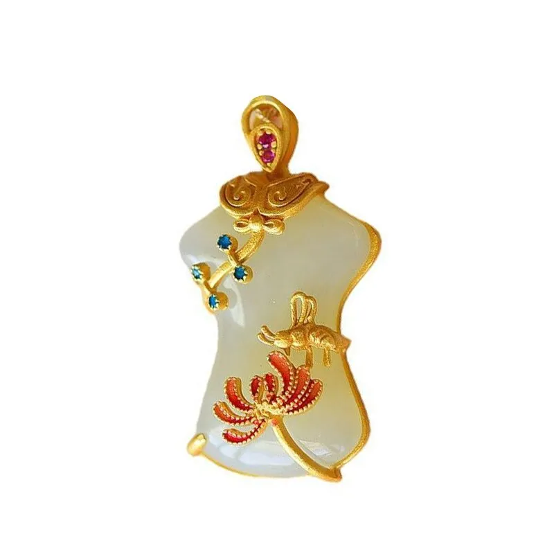 Natural Hetian Jade Cheongsam Flower Enamel Porcelain Ladies Necklace Pendant