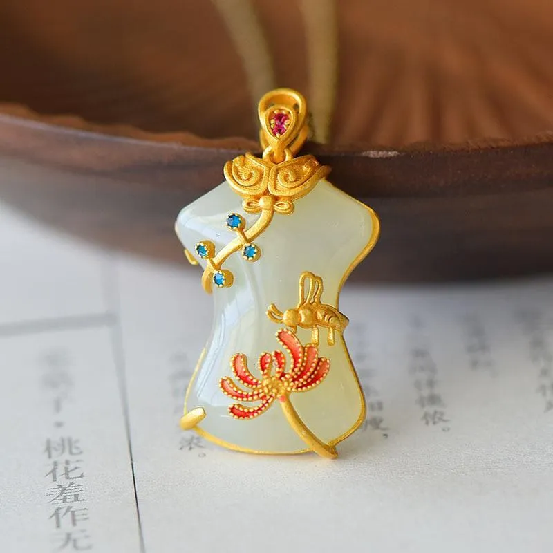 Natural Hetian Jade Cheongsam Flower Enamel Porcelain Ladies Necklace Pendant