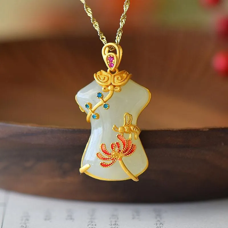 Natural Hetian Jade Cheongsam Flower Enamel Porcelain Ladies Necklace Pendant