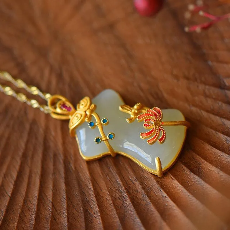 Natural Hetian Jade Cheongsam Flower Enamel Porcelain Ladies Necklace Pendant