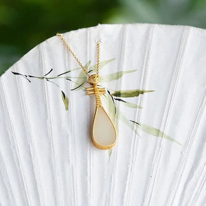 Natural Hetian White Jade Drop-shaped Pipa Necklace Pendant
