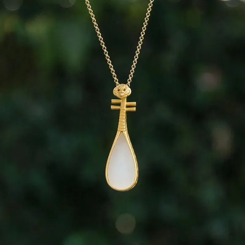 Natural Hetian White Jade Drop-shaped Pipa Necklace Pendant