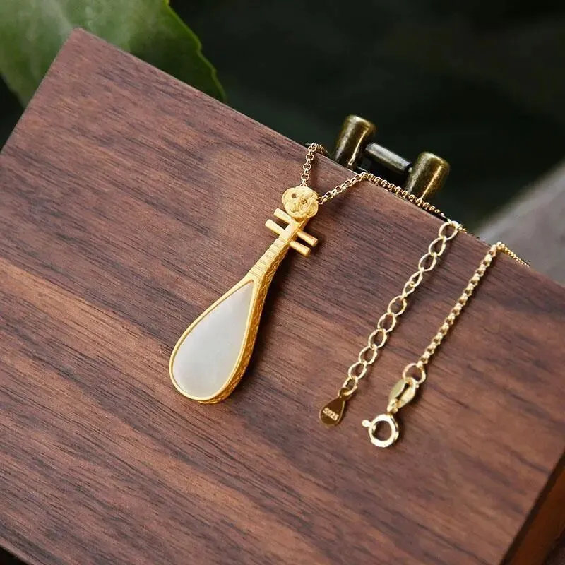 Natural Hetian White Jade Drop-shaped Pipa Necklace Pendant