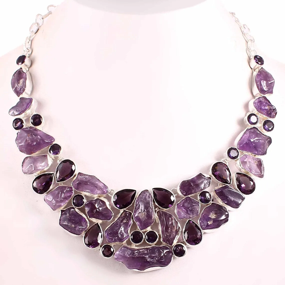 Natural Raw Amethyst Bib Necklace For Women - 925 Sterling Silver Wedding Necklace