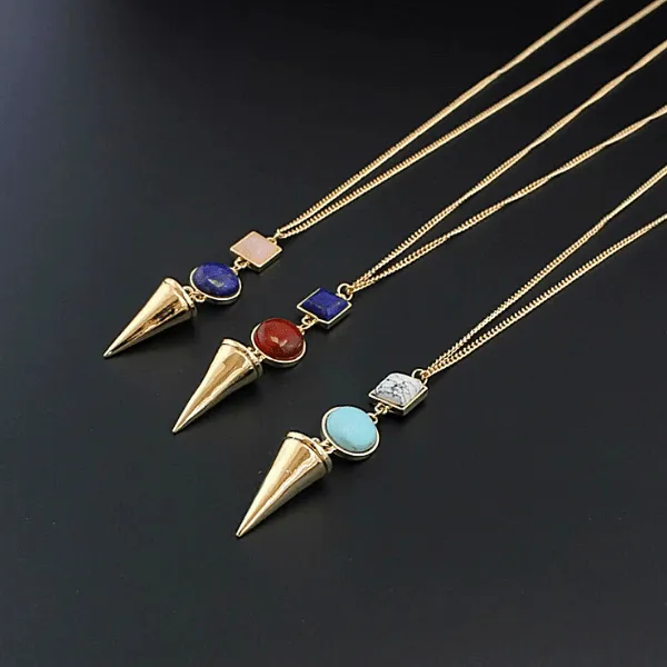 Natural Stone Gold Long Necklace - Multiple colors