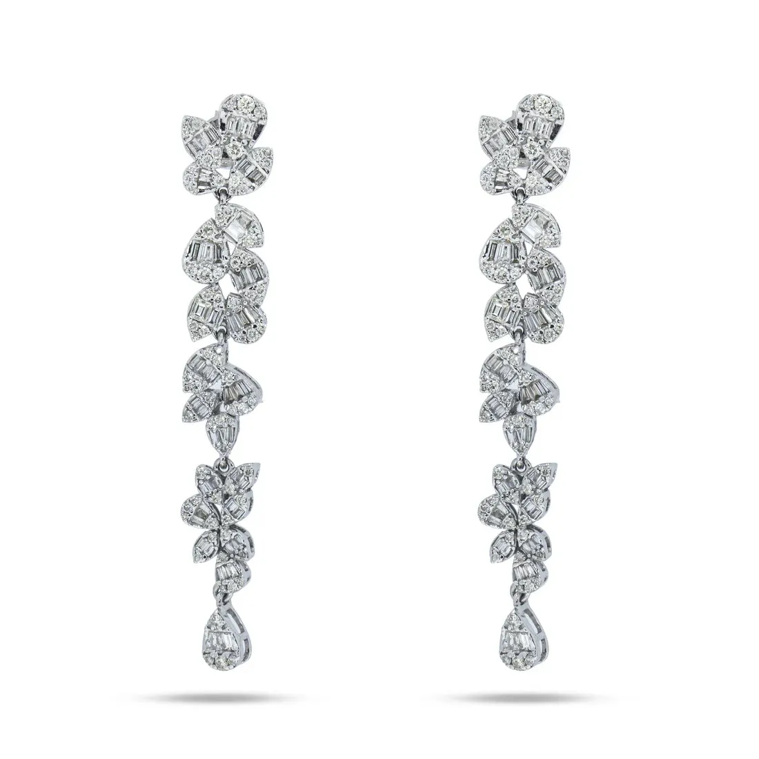 Nebula 3 Carats Baguette and Round Diamond Flower Vine Drop Earrings in 14K White Gold