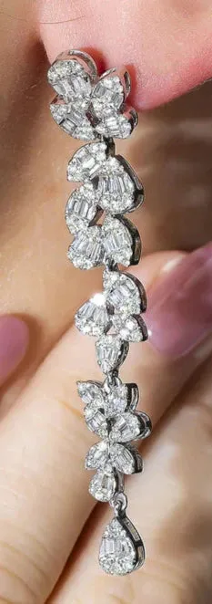 Nebula 3 Carats Baguette and Round Diamond Flower Vine Drop Earrings in 14K White Gold