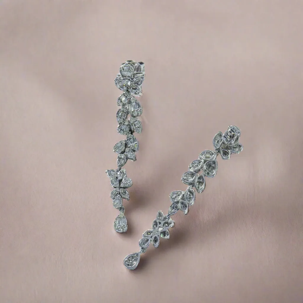 Nebula 3 Carats Baguette and Round Diamond Flower Vine Drop Earrings in 14K White Gold