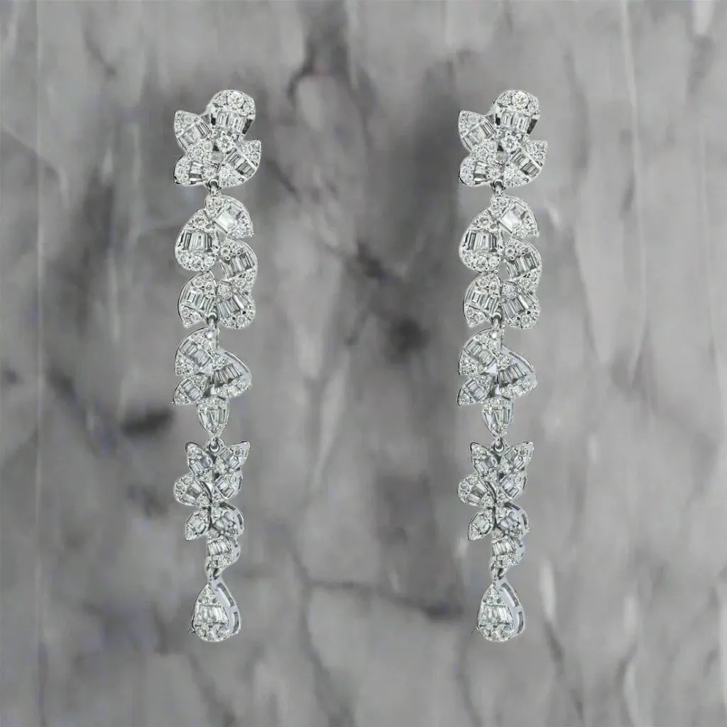 Nebula 3 Carats Baguette and Round Diamond Flower Vine Drop Earrings in 14K White Gold