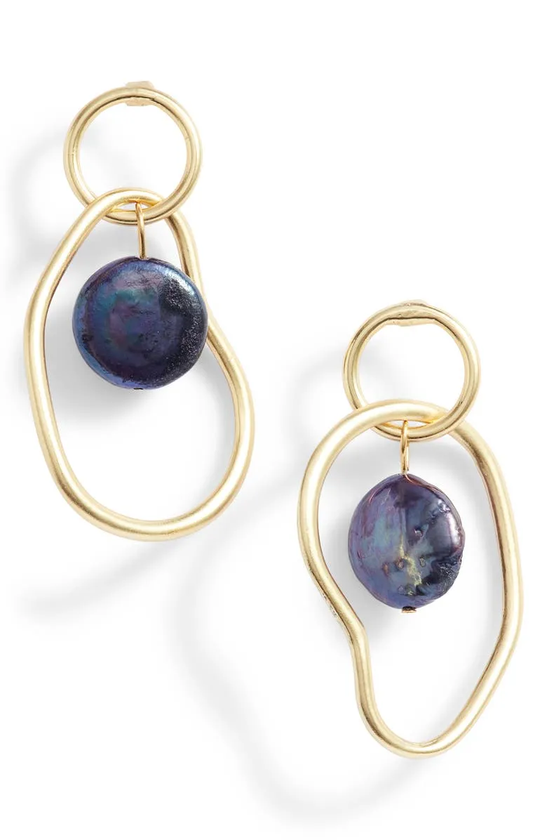 Organic link and peacock pearl drop earrings