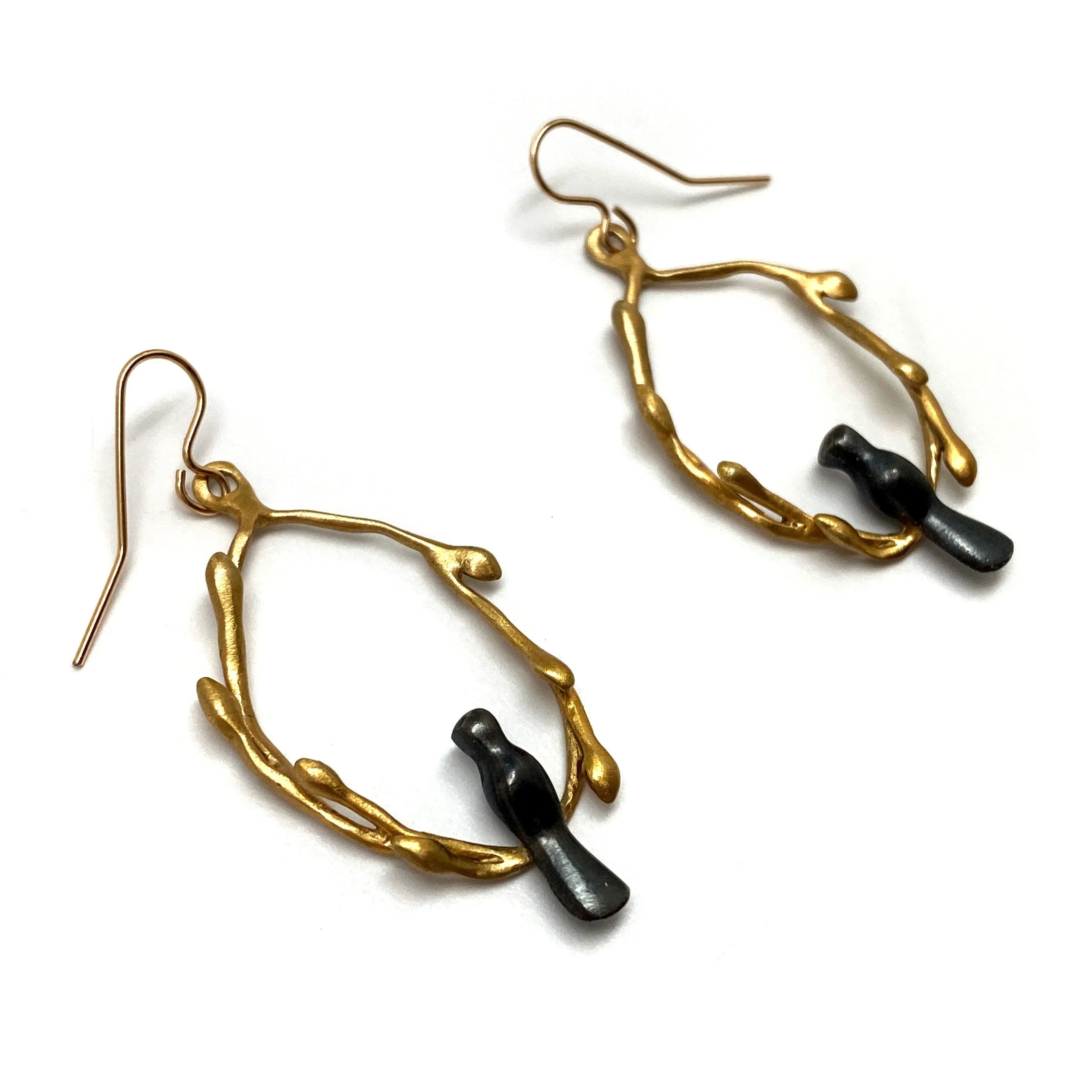 Oxidized Sterling Silver and Gold Vermeil Bird Earrings