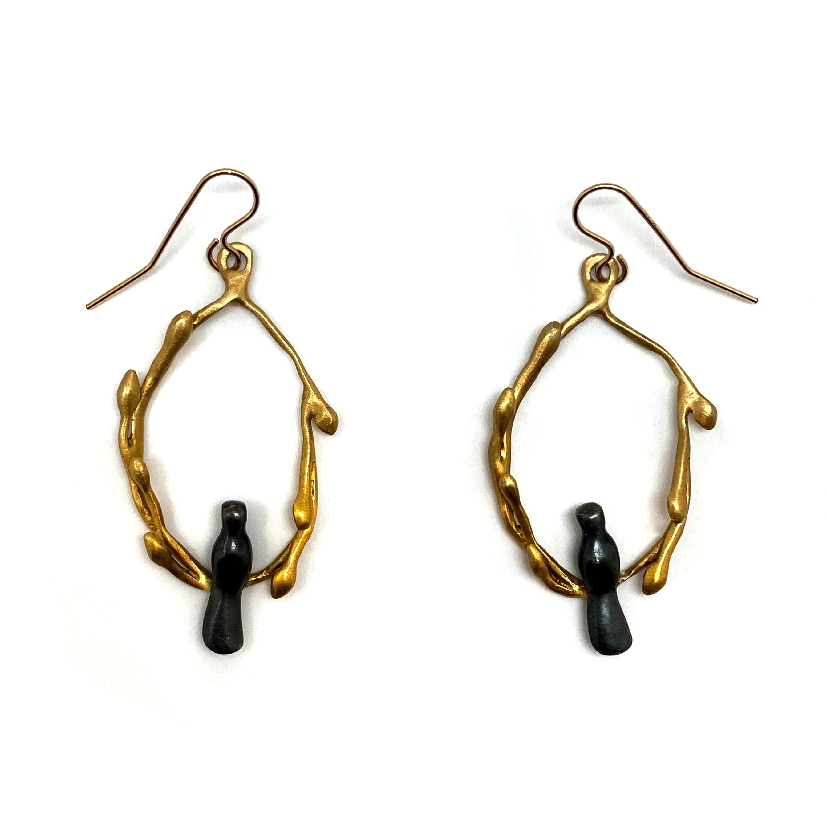 Oxidized Sterling Silver and Gold Vermeil Bird Earrings