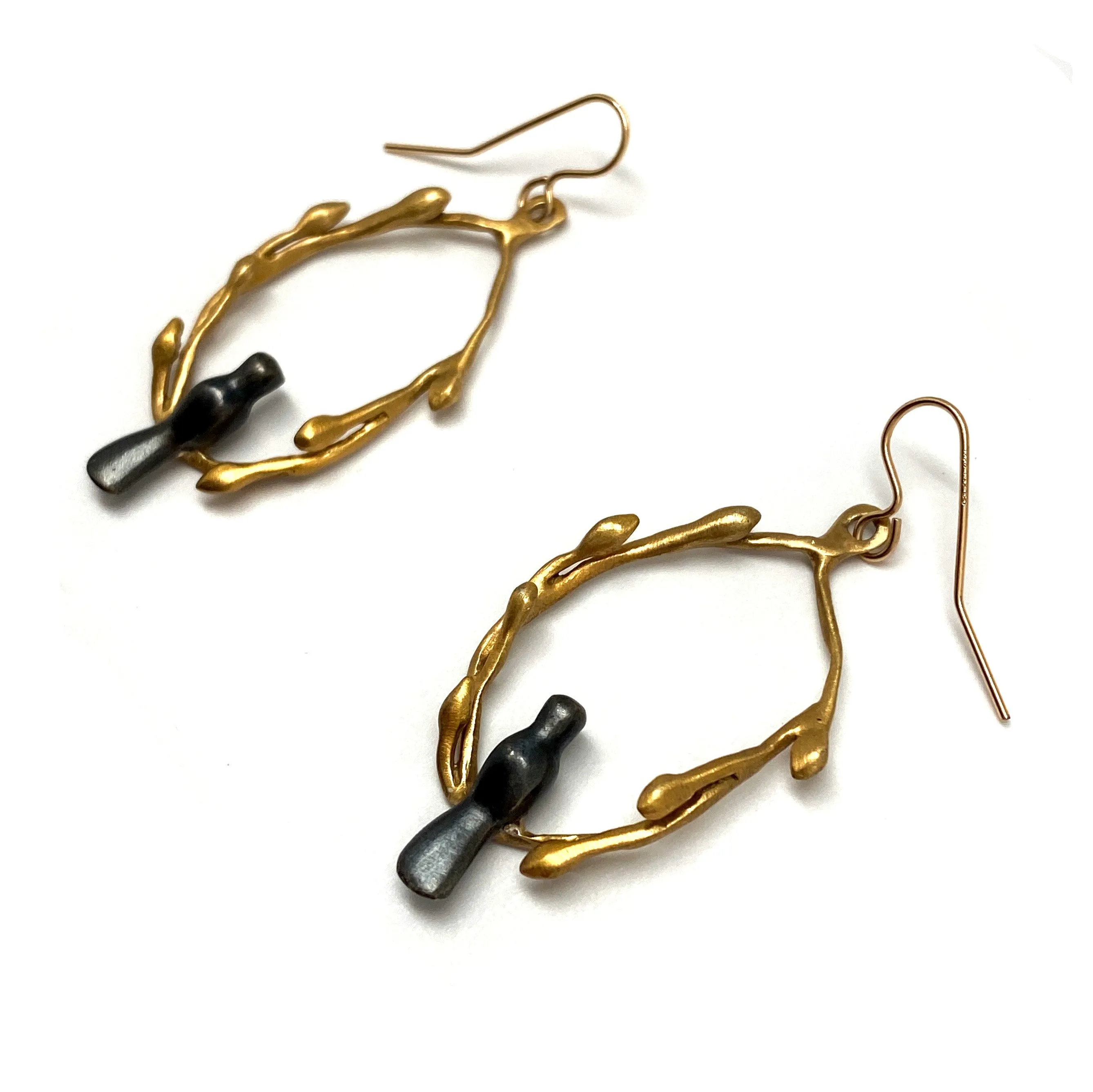 Oxidized Sterling Silver and Gold Vermeil Bird Earrings