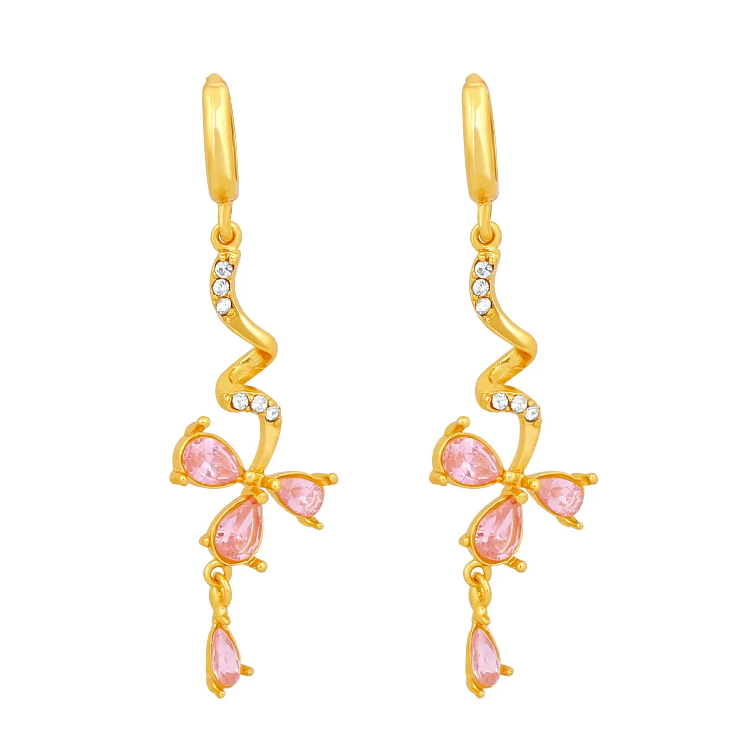Pink Floral Love Beautiful Cubic Zirconia Long Dangler Earrings