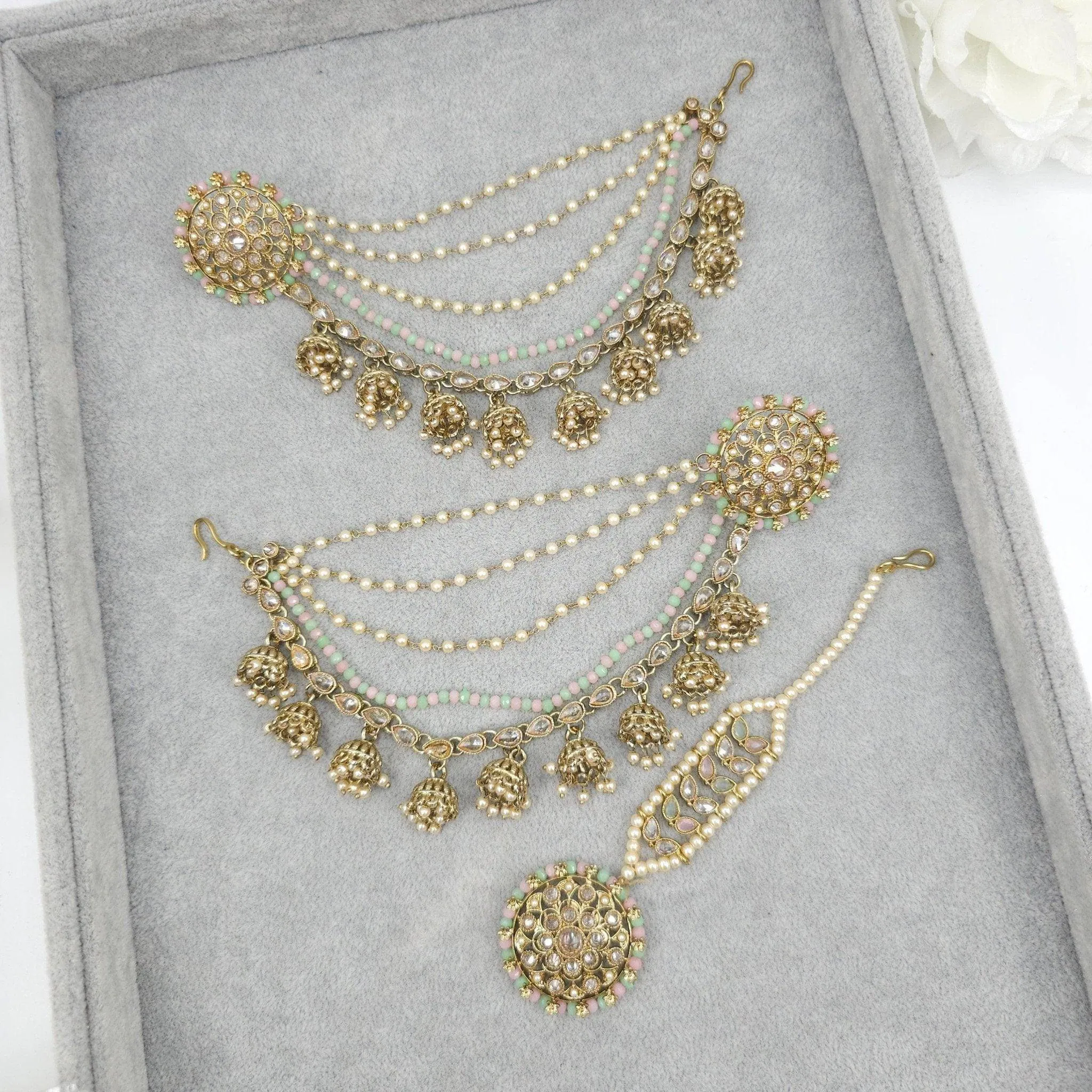Raji Antique Gold Kundan Polki Detachable Stud Earrings with Tikka, Ear Chains