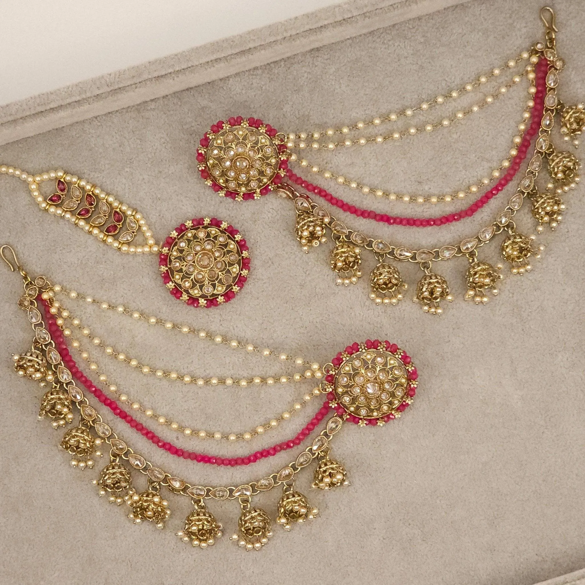 Raji Antique Gold Kundan Polki Detachable Stud Earrings with Tikka, Ear Chains