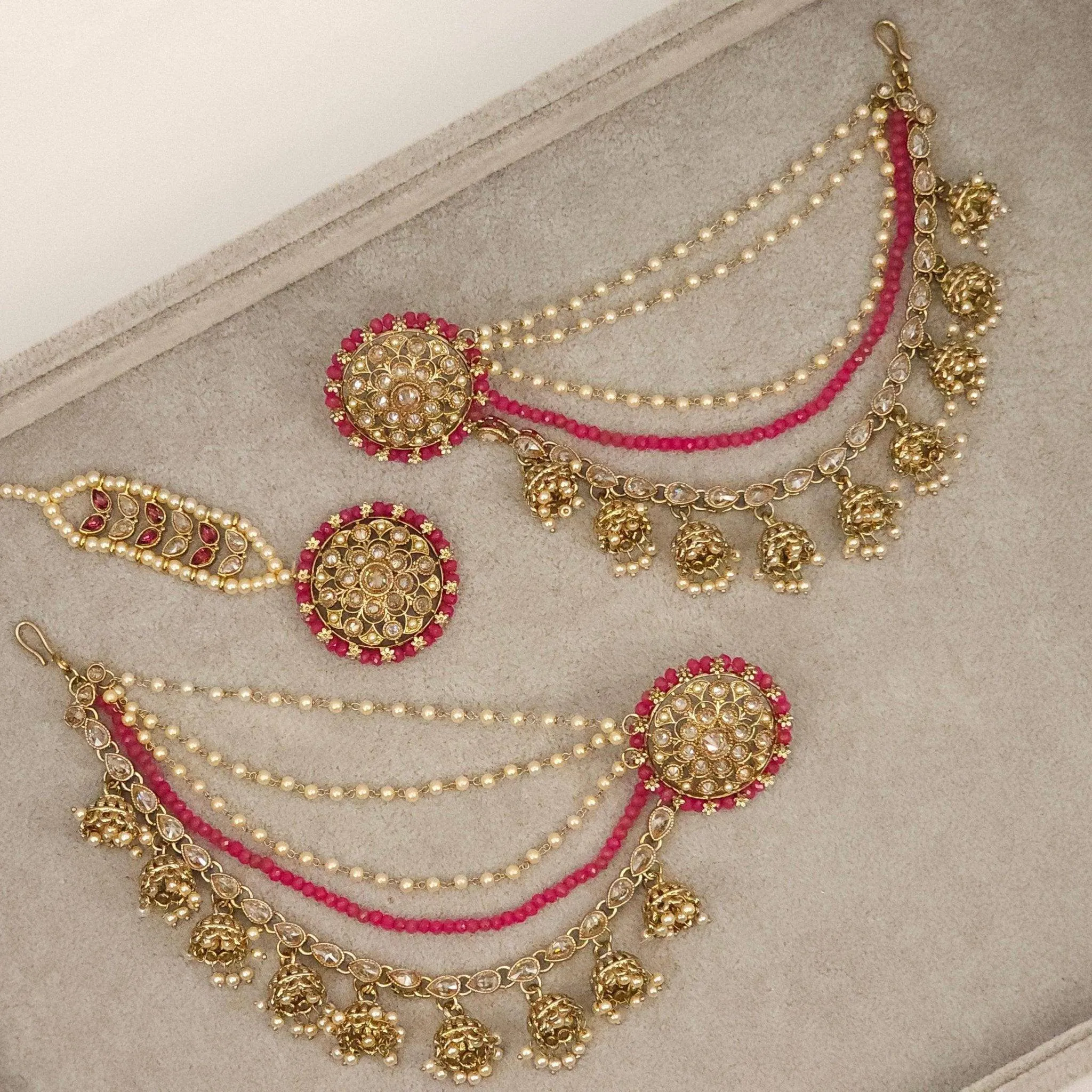 Raji Antique Gold Kundan Polki Detachable Stud Earrings with Tikka, Ear Chains