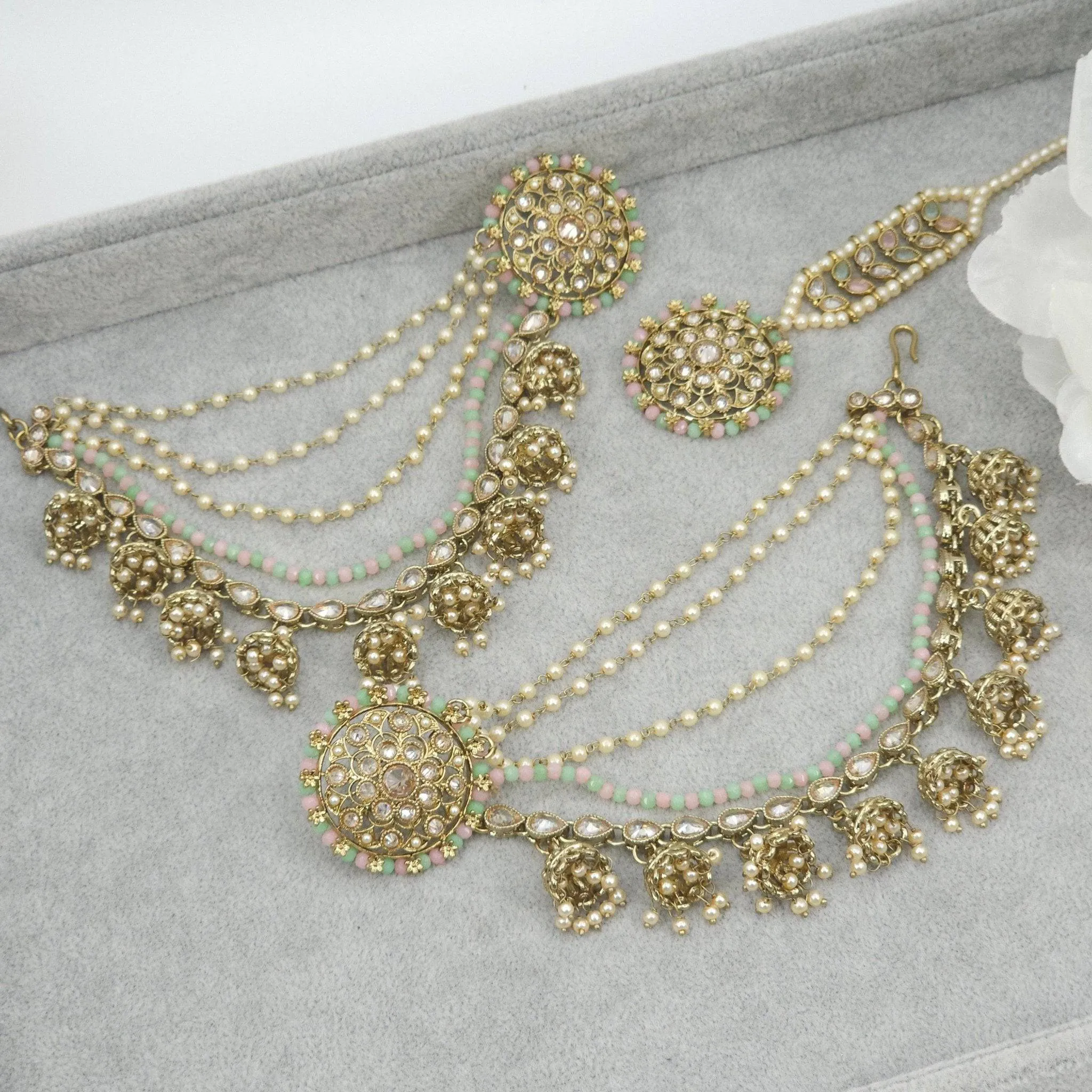 Raji Antique Gold Kundan Polki Detachable Stud Earrings with Tikka, Ear Chains