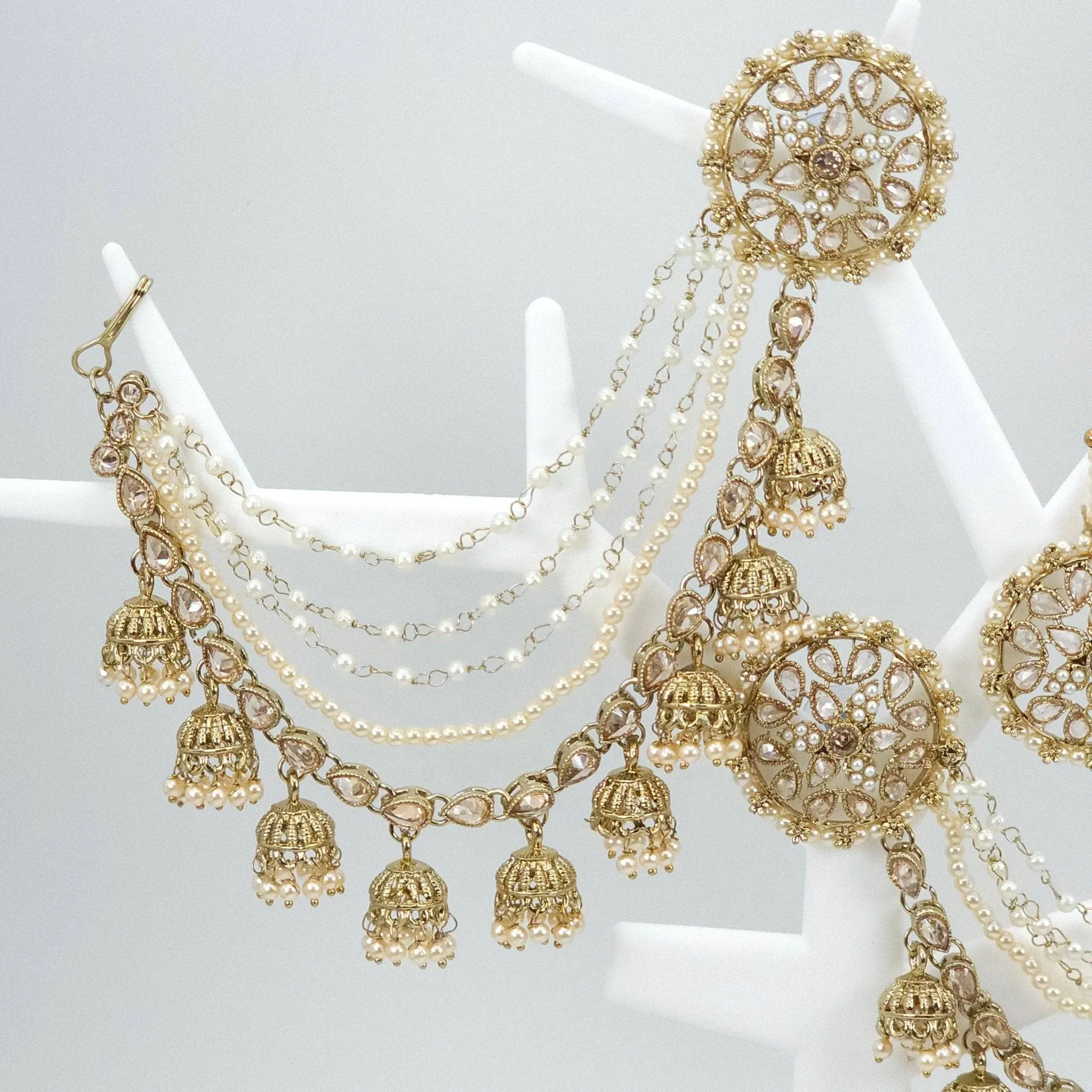 Raji Antique Gold Kundan Polki Detachable Stud Earrings with Tikka, Ear Chains