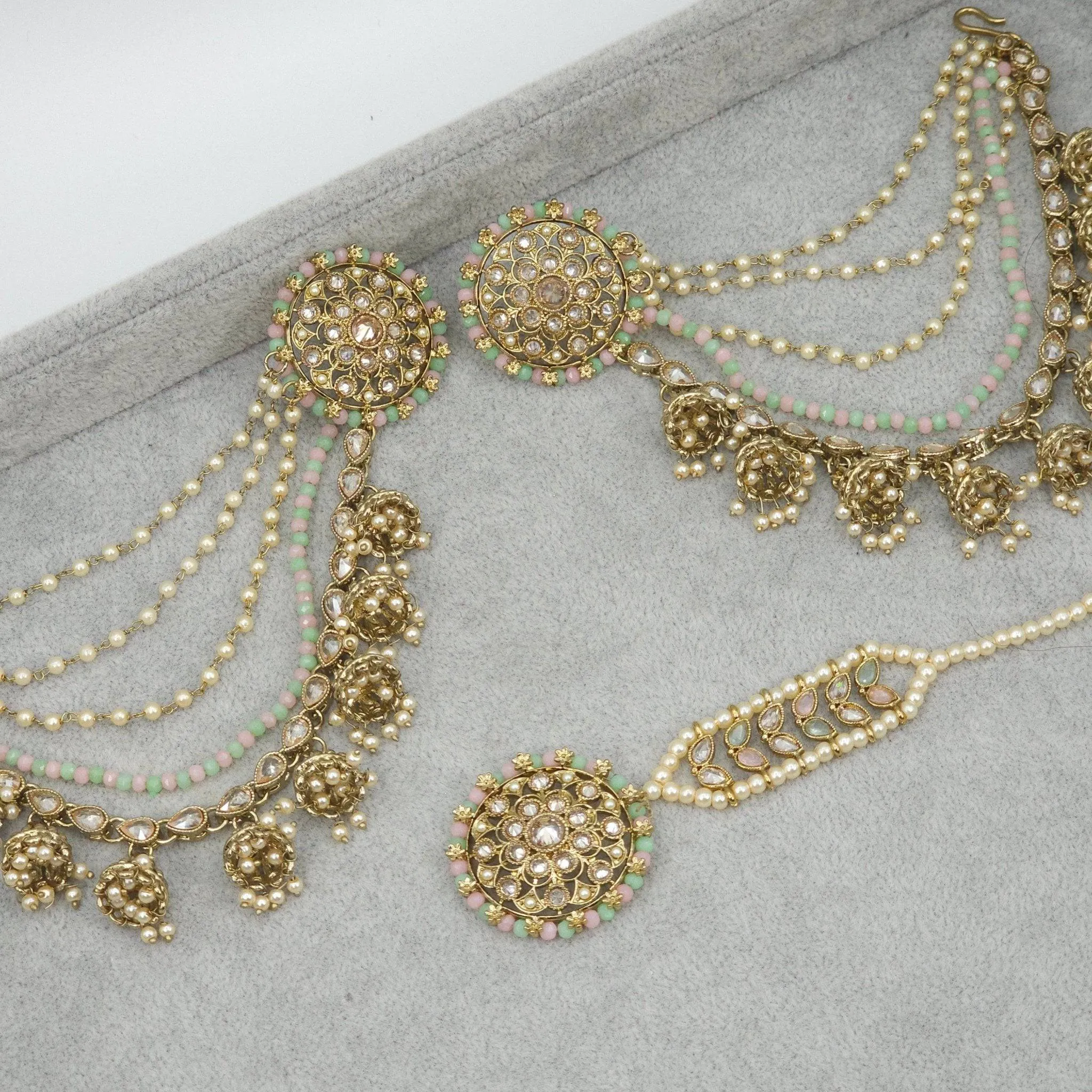 Raji Antique Gold Kundan Polki Detachable Stud Earrings with Tikka, Ear Chains