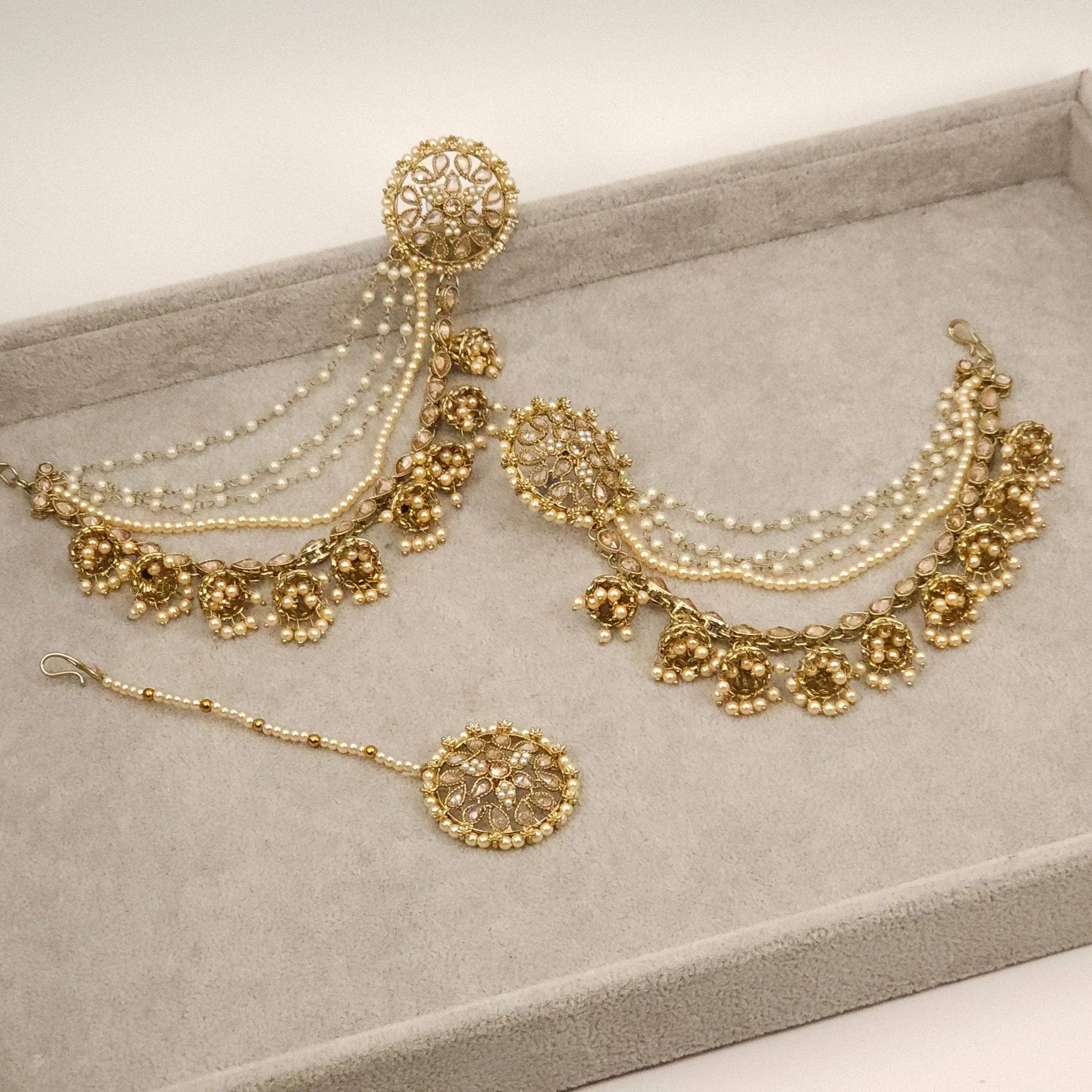 Raji Antique Gold Kundan Polki Detachable Stud Earrings with Tikka, Ear Chains