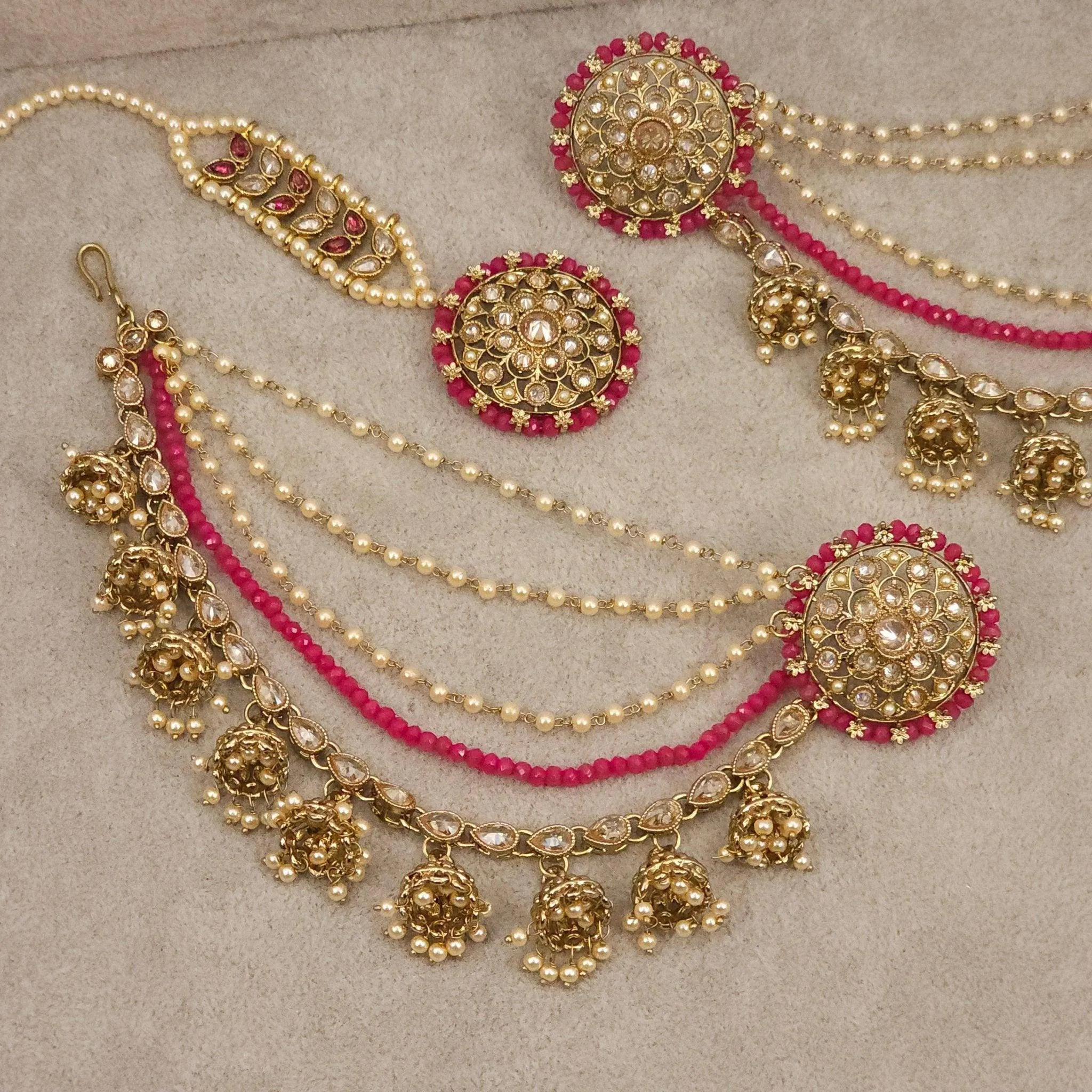 Raji Antique Gold Kundan Polki Detachable Stud Earrings with Tikka, Ear Chains