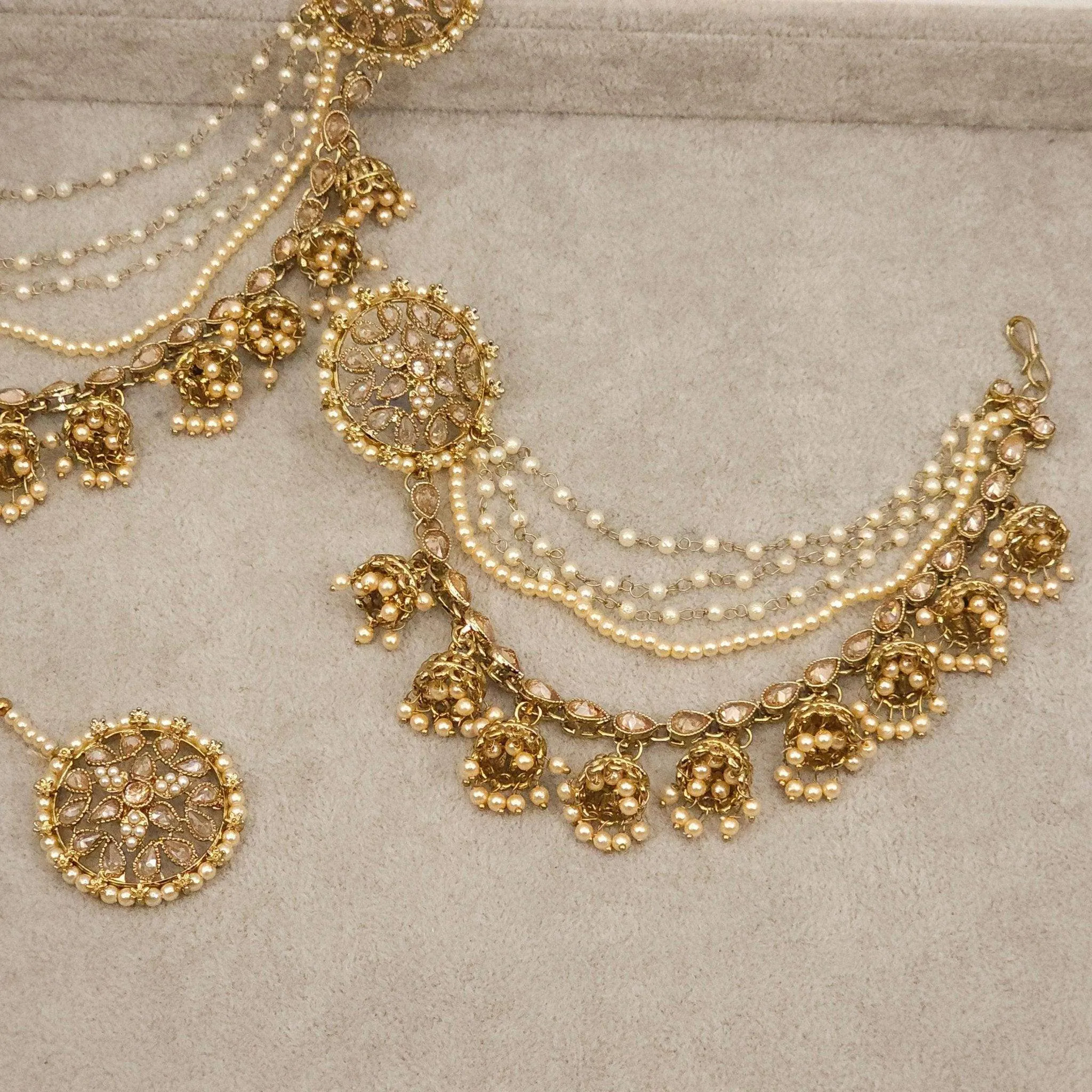 Raji Antique Gold Kundan Polki Detachable Stud Earrings with Tikka, Ear Chains