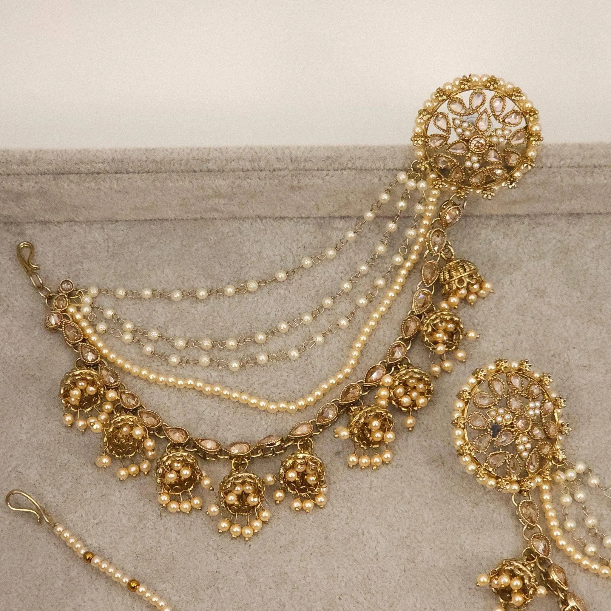Raji Antique Gold Kundan Polki Detachable Stud Earrings with Tikka, Ear Chains