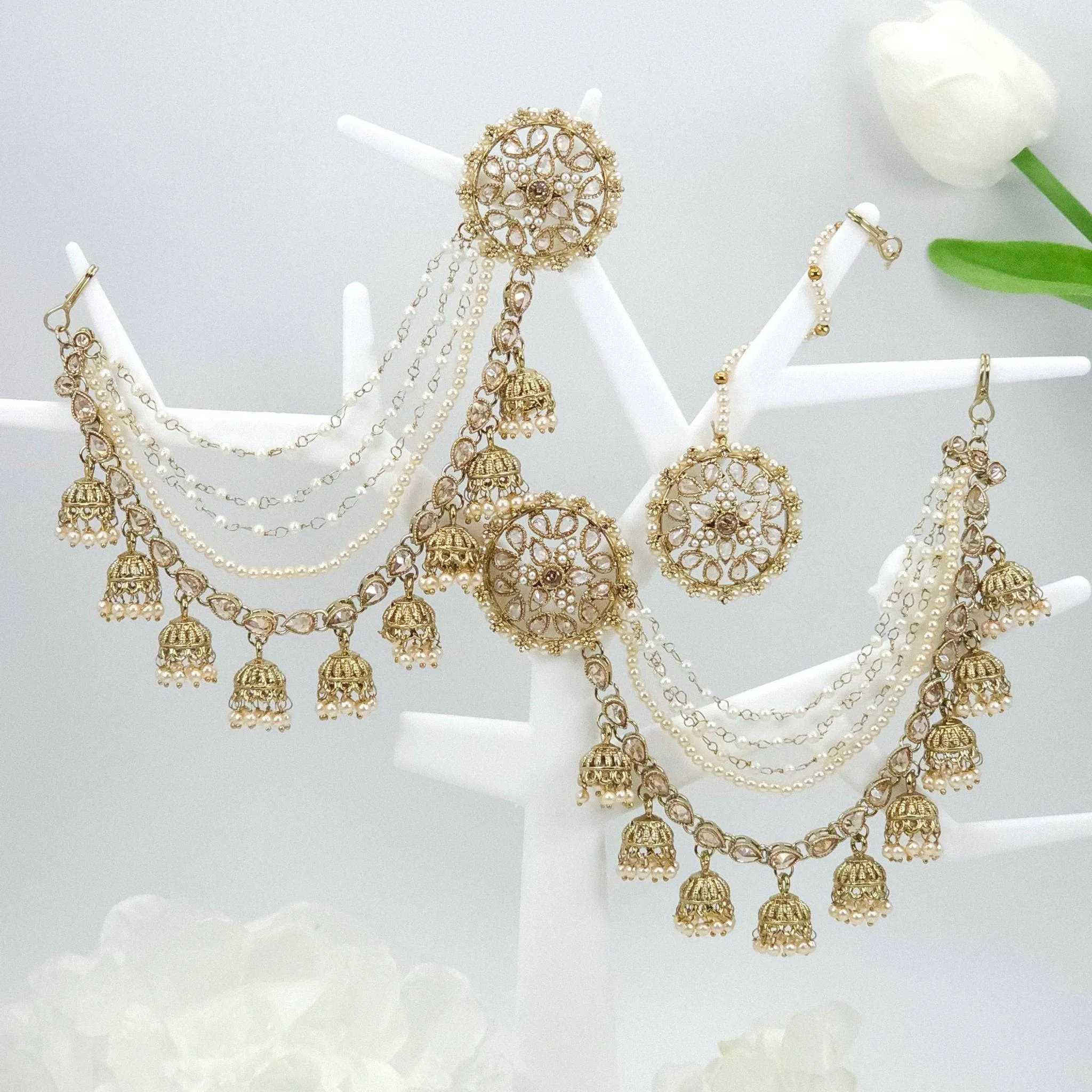 Raji Antique Gold Kundan Polki Detachable Stud Earrings with Tikka, Ear Chains