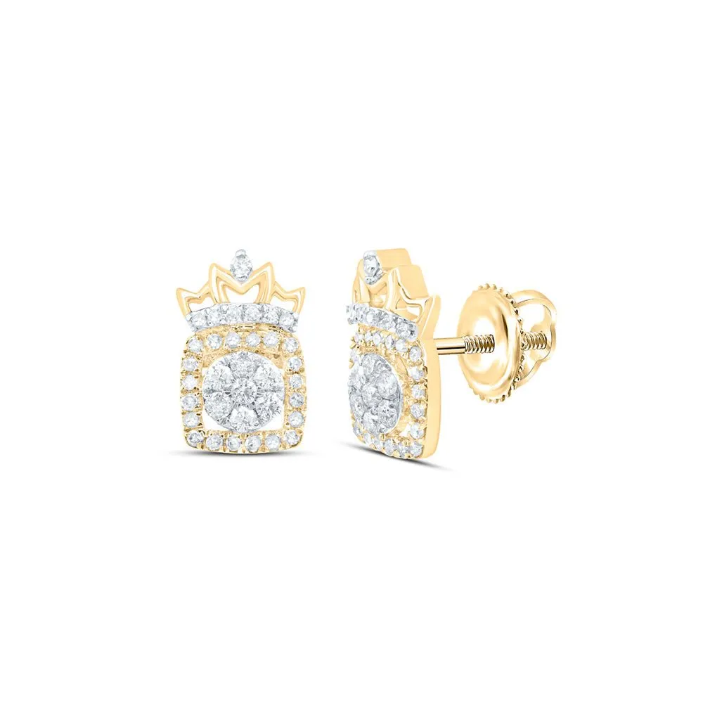 Regal Radiance: 10kt Yellow Gold Womens Round Diamond Crown Earrings 1/3 Cttw
