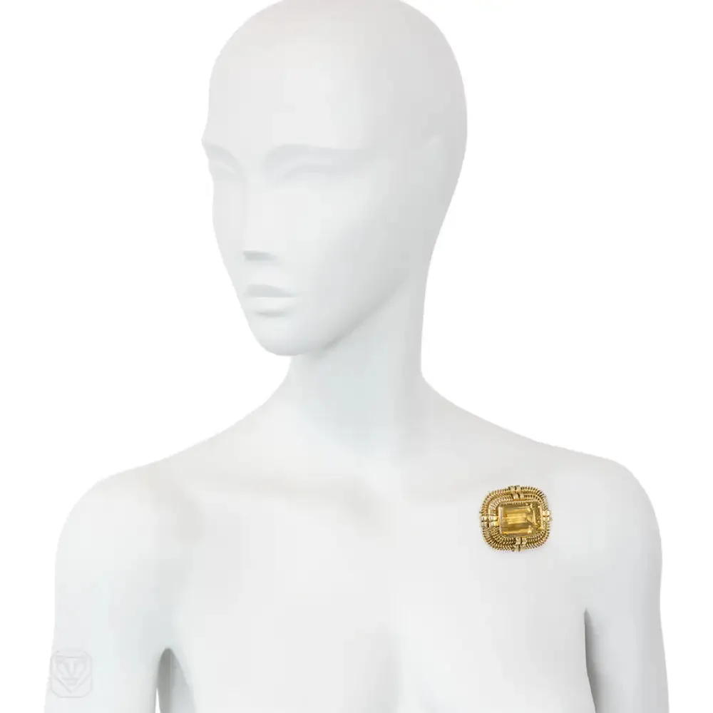 Retro gold and citrine rectangular wirework brooch