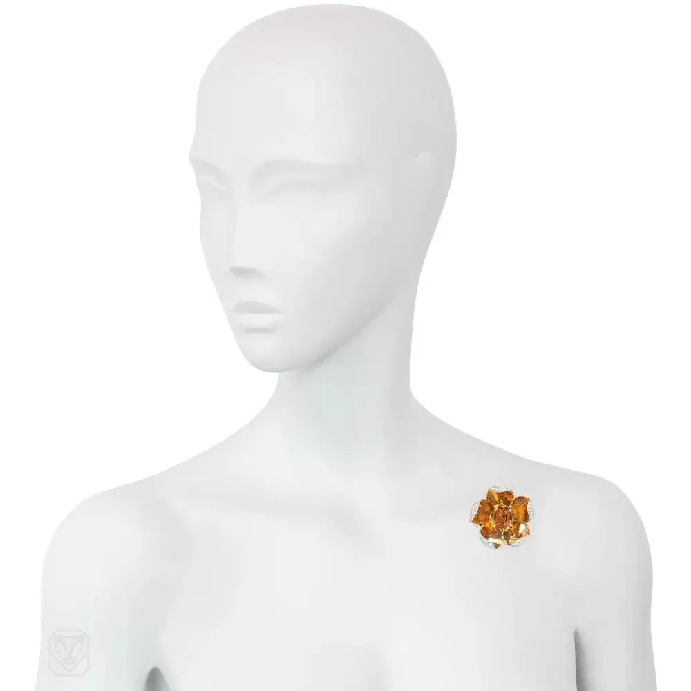 Retro gold, citrine, and diamond mechanical flower brooch