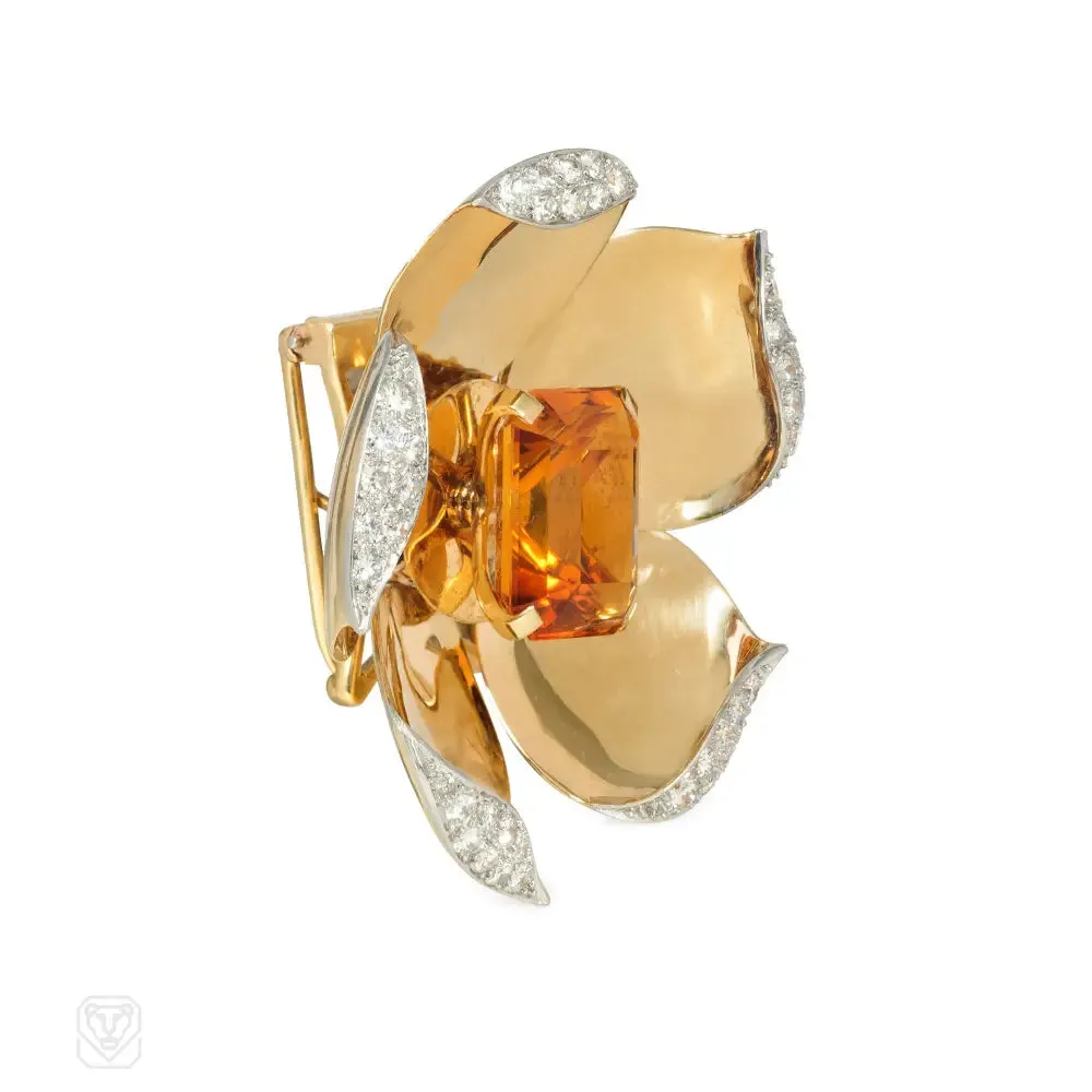Retro gold, citrine, and diamond mechanical flower brooch