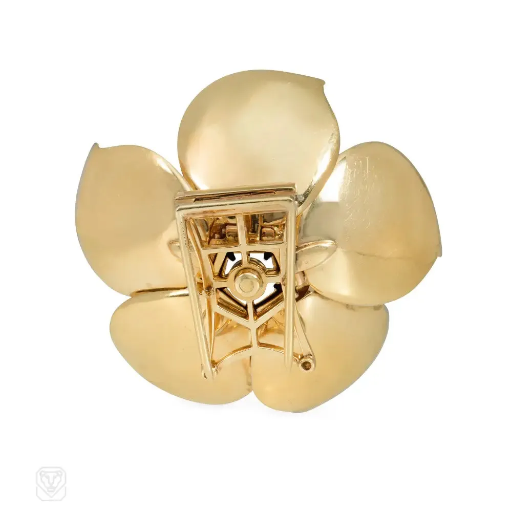 Retro gold, citrine, and diamond mechanical flower brooch