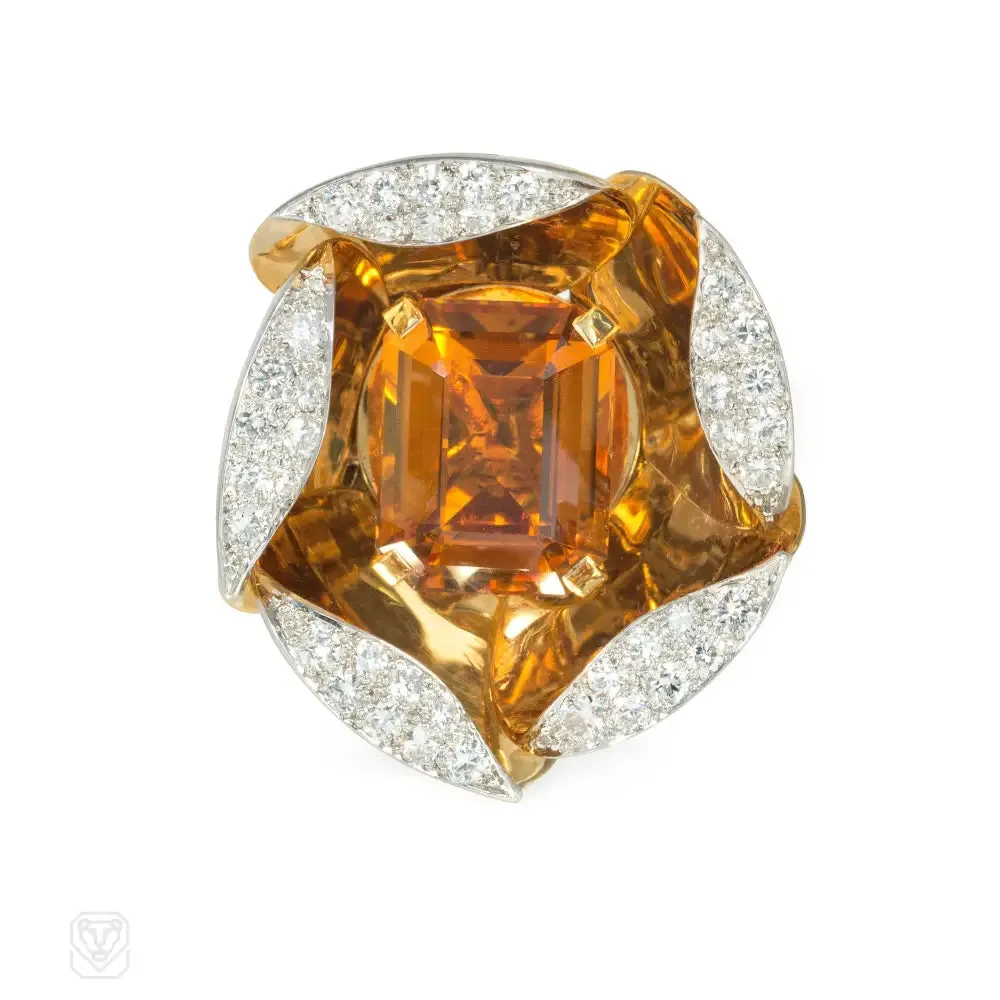 Retro gold, citrine, and diamond mechanical flower brooch