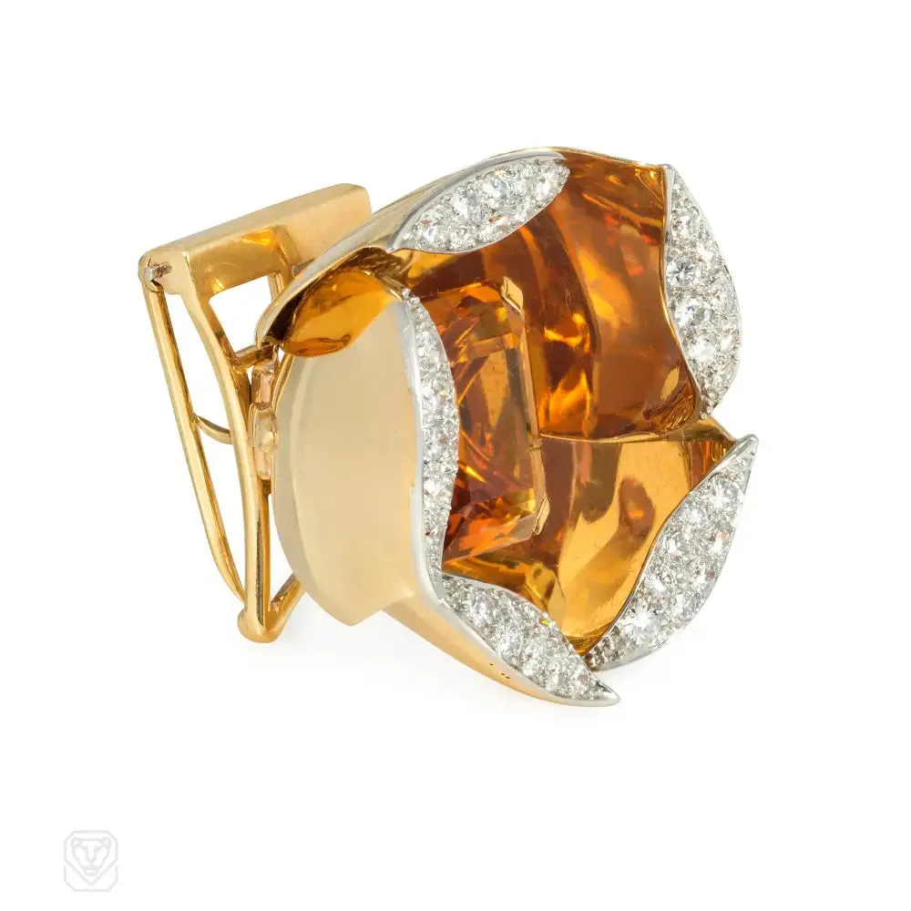 Retro gold, citrine, and diamond mechanical flower brooch