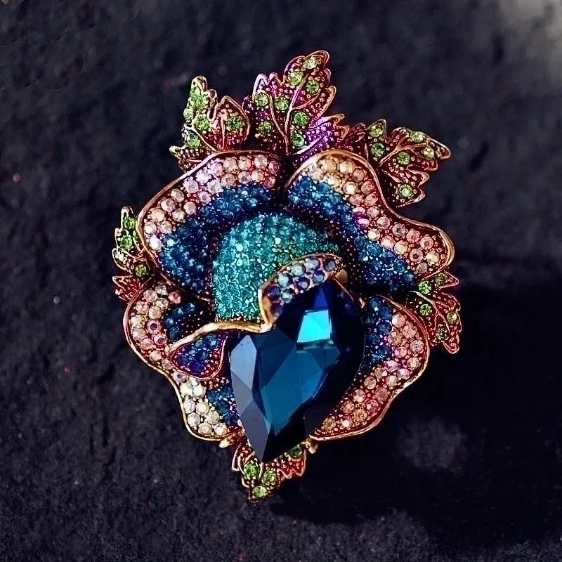 Retro Pin Flower Alloy Inlay Artificial Gemstones Crystal Women'S Brooches