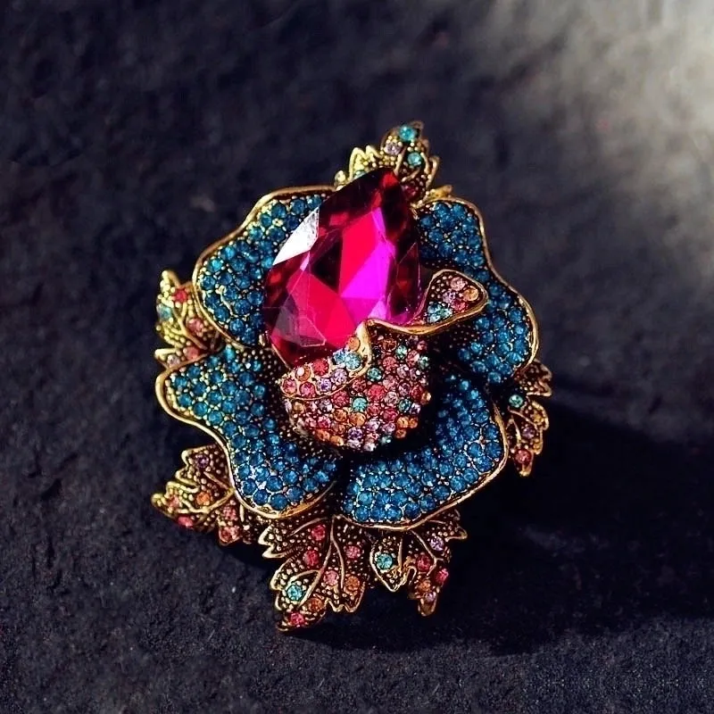 Retro Pin Flower Alloy Inlay Artificial Gemstones Crystal Women'S Brooches
