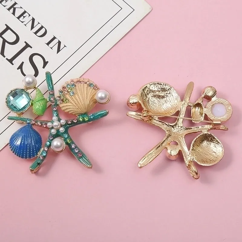 Retro Pin Starfish Ocean Shell Imitation Pearl Rhinestone Metal Enamel Unisex Brooches