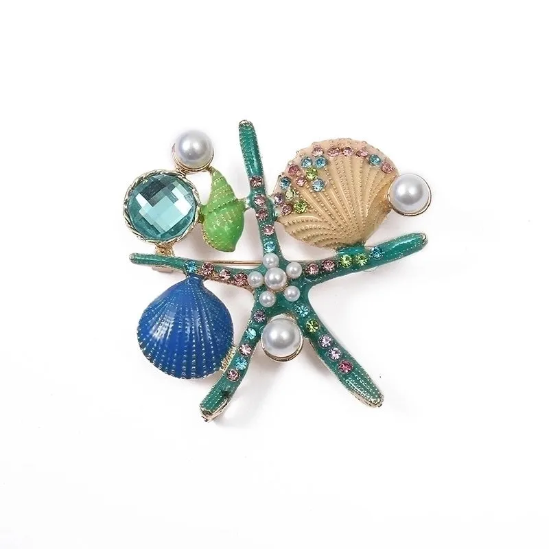 Retro Pin Starfish Ocean Shell Imitation Pearl Rhinestone Metal Enamel Unisex Brooches