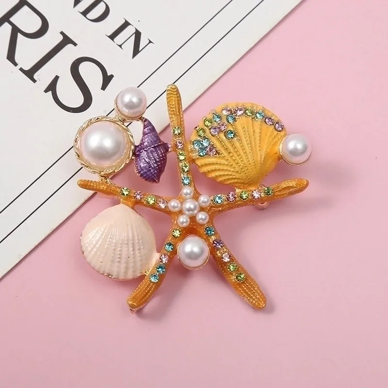 Retro Pin Starfish Ocean Shell Imitation Pearl Rhinestone Metal Enamel Unisex Brooches