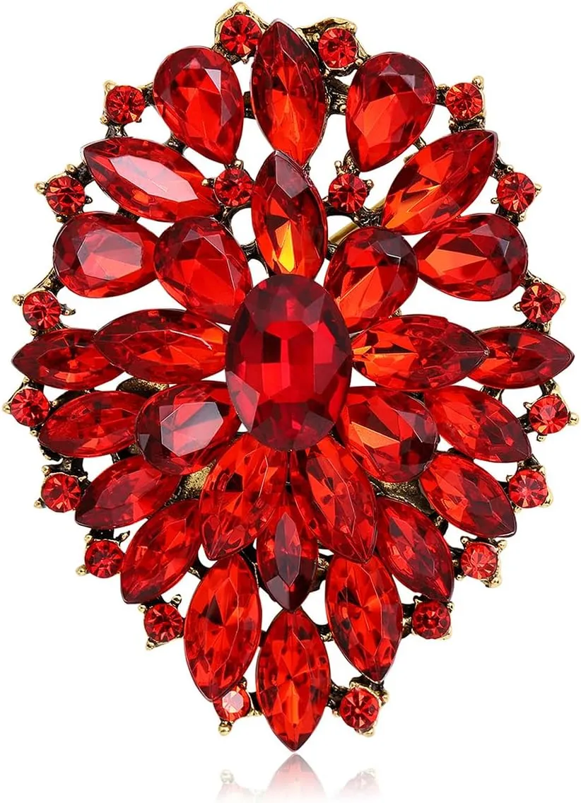 Rhinestone Crystal Oval Brooch Premium Large Flower Brooch Blue/Red/Green/Gold/Silver/Purple Crystal Geometric Broochs Sparkling Lapel Pin Elegant Wedding Bridesmaid Dress Broachs Pin for Women