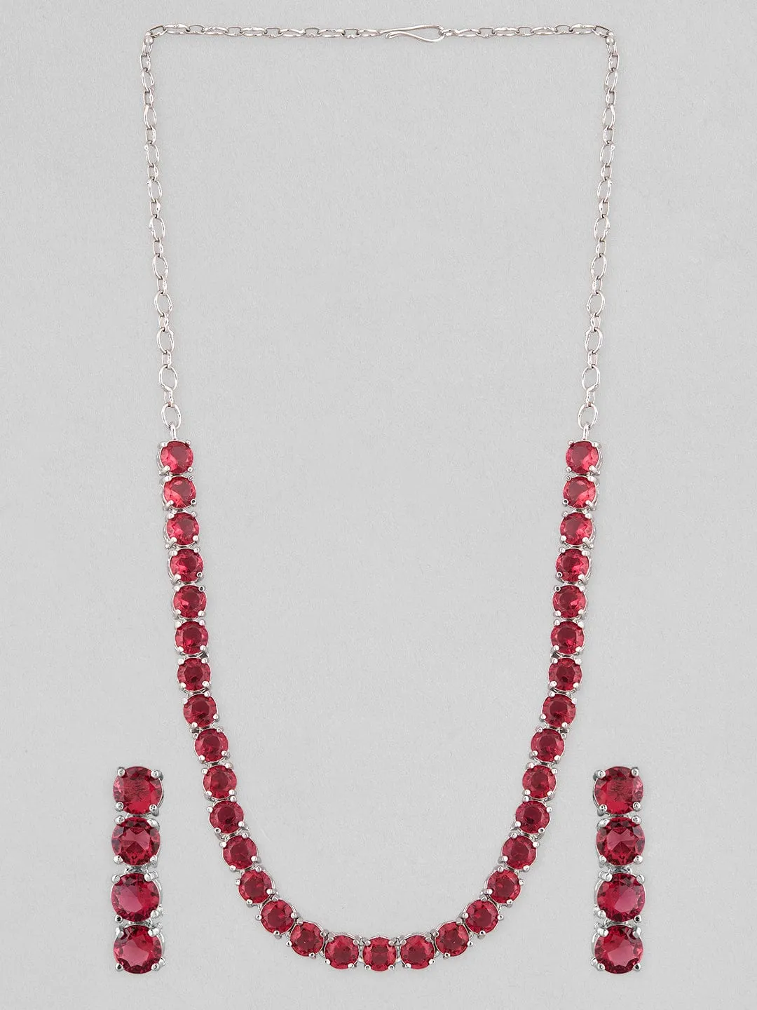 Rubans Silver-Plated Red Stone Studded Handcrafted Jewellery Set