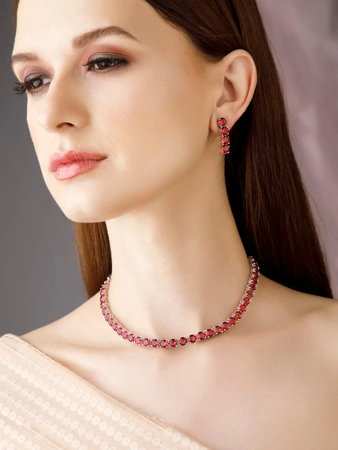Rubans Silver-Plated Red Stone Studded Handcrafted Jewellery Set