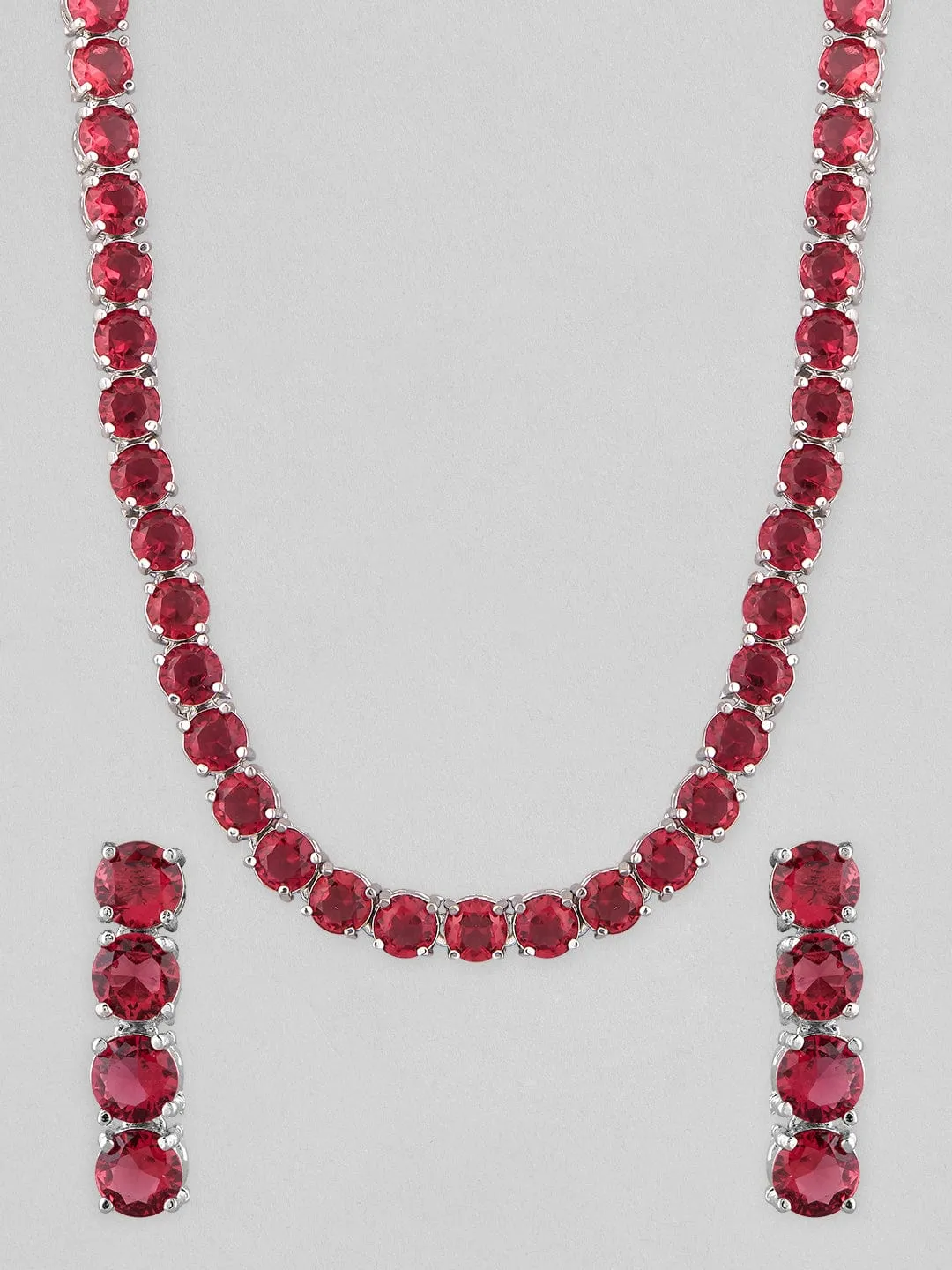 Rubans Silver-Plated Red Stone Studded Handcrafted Jewellery Set