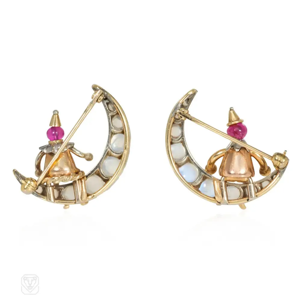 Rubel Retro moonstone and ruby man on the moon pins