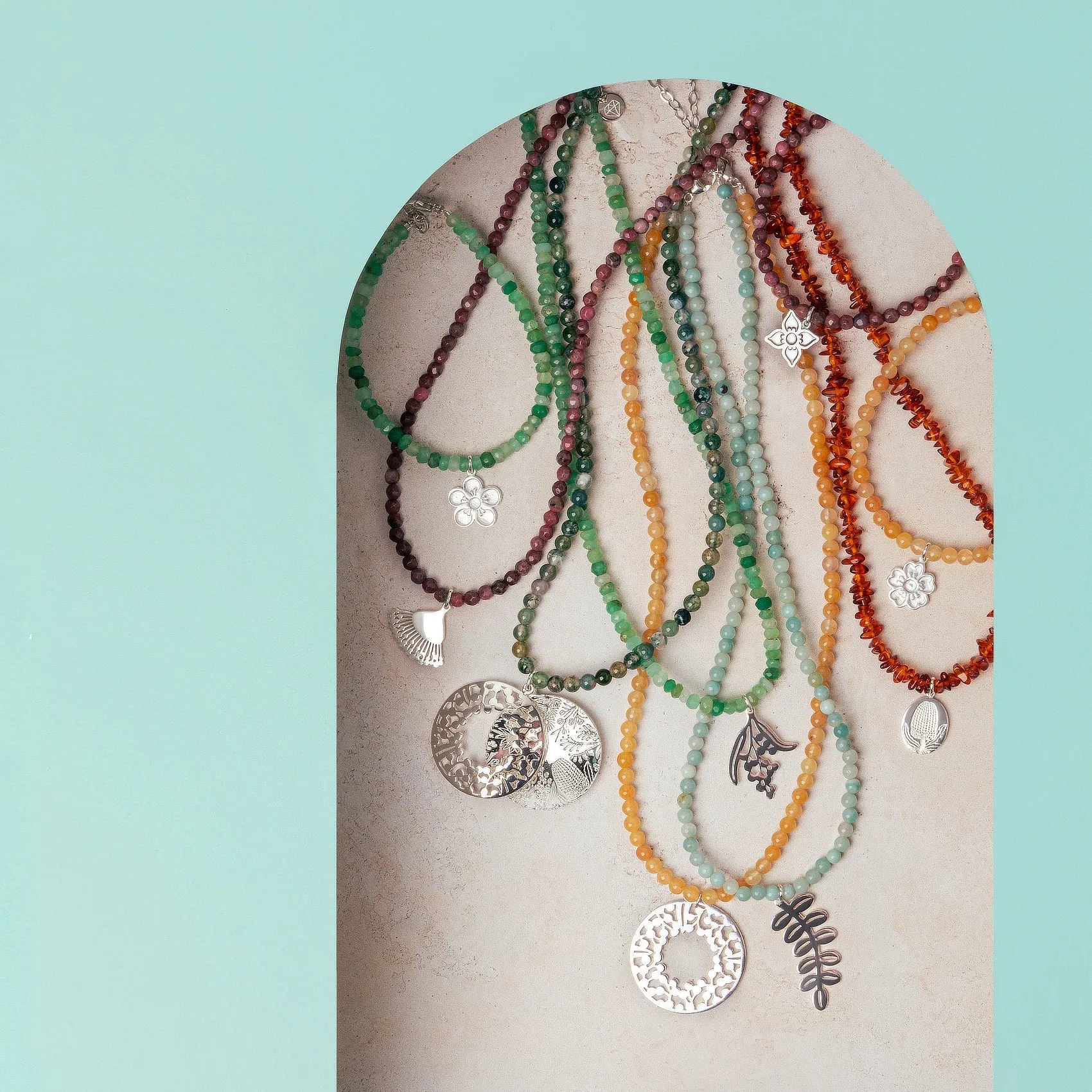 Silver Dollar Leaves on Amazonite Beaded Necklace