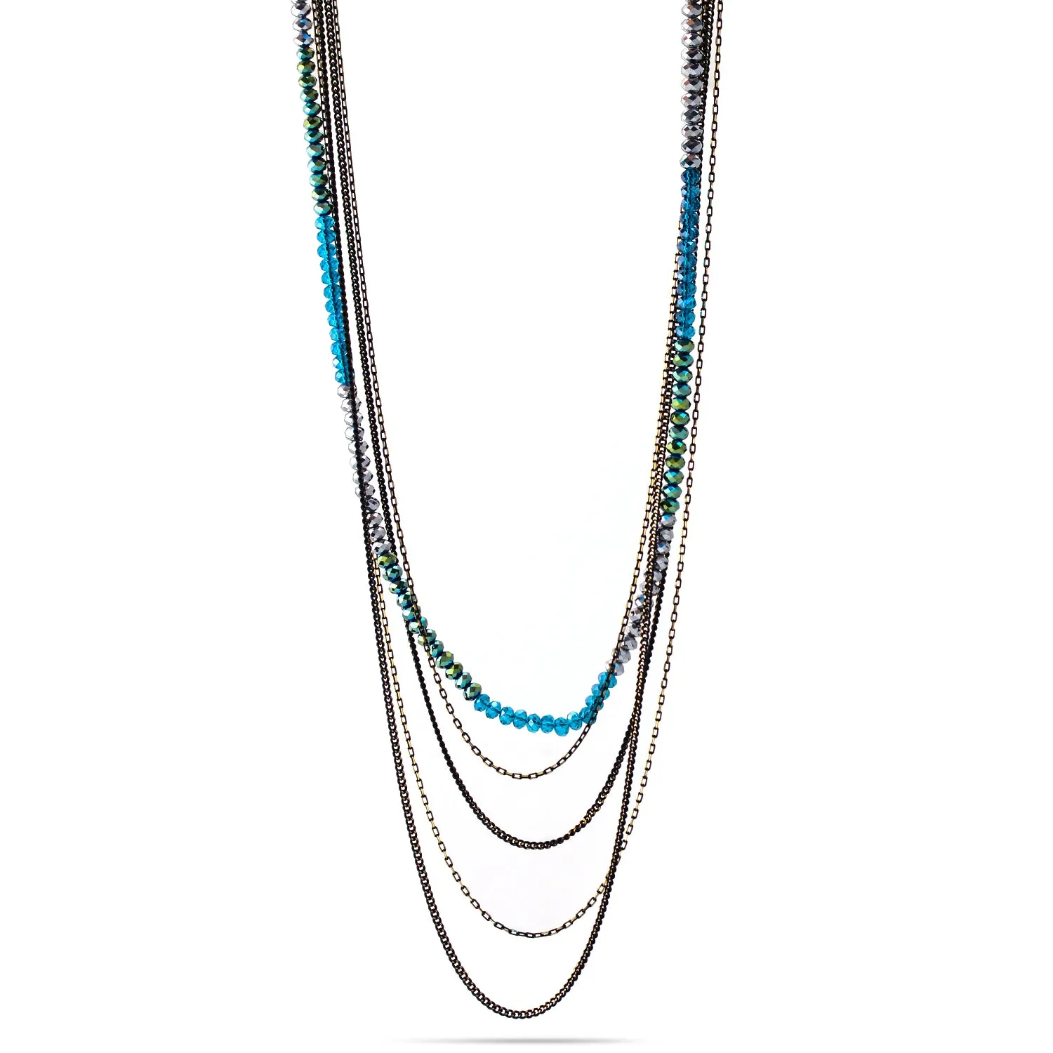 Silver Teal Mixed glass Beads and metal Five-Strand Long Necklace  #HNN92359_TEAL-SIL-OLIVE (TA4/R-TH16)