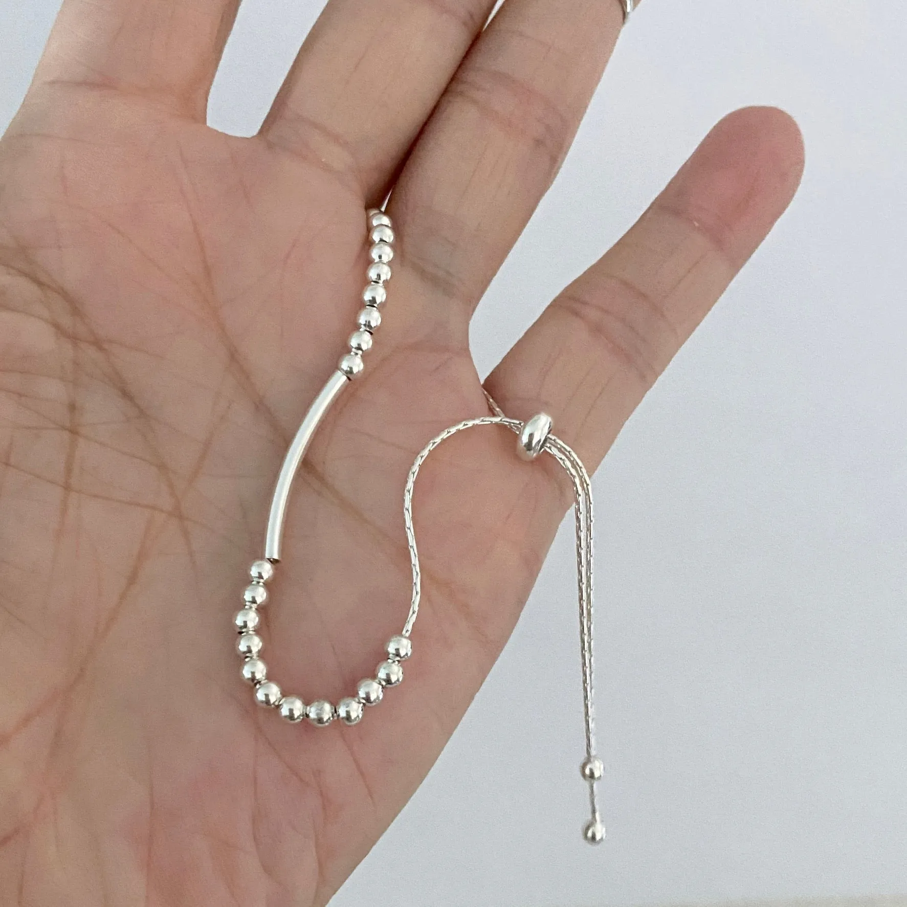 Sterling Silver Adjustable Beads and Bar  Bracelet, Silver Bracelet, Boho Bracelet, Bead Bracelet