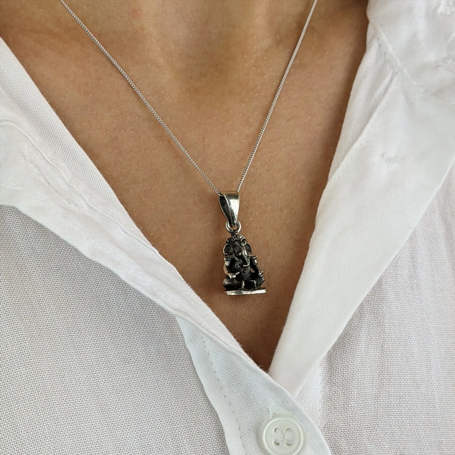 Sterling Silver Seated Ganesh Pendant Necklace - Hindu God Design